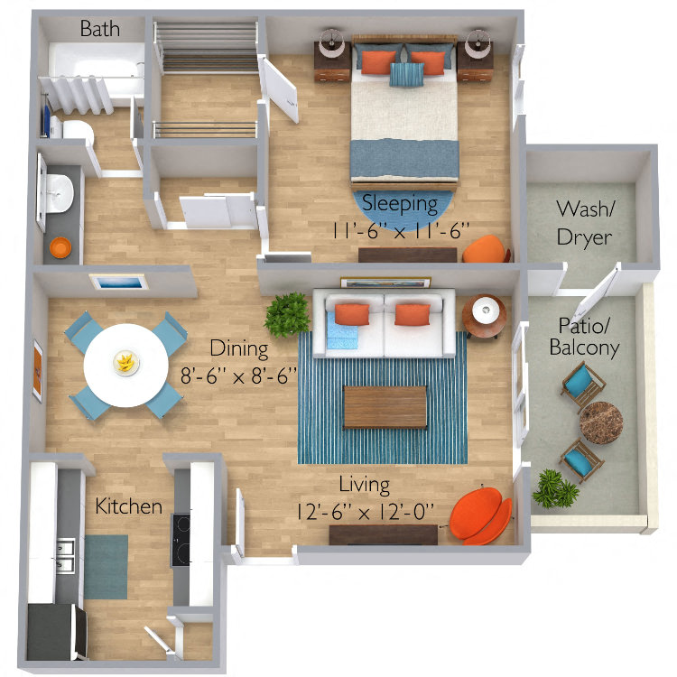 Floor plan for 1 bed, 1 bath, 650 sqft